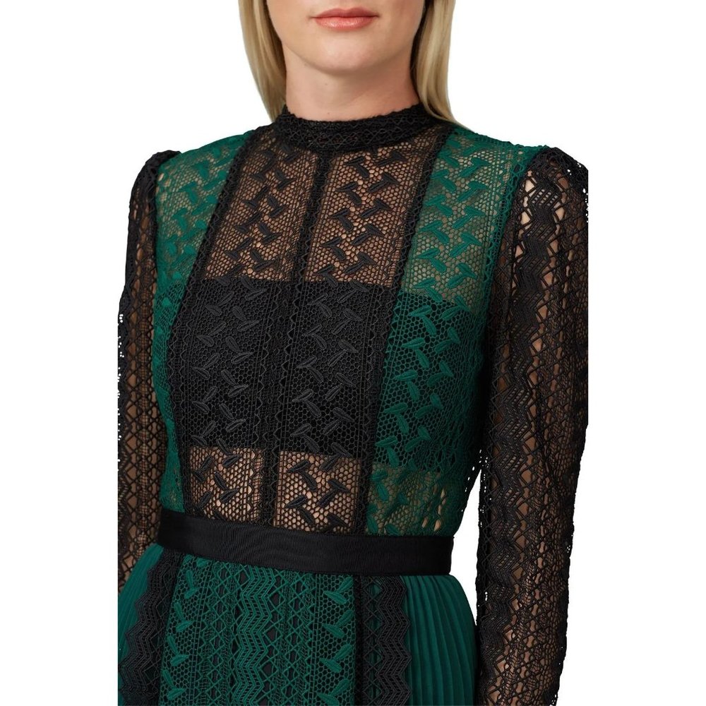 COPY - Self-Portrait Green Black Printed Lace Pleated Mini Dress Long Sleeve Si… - Picture 4 of 10